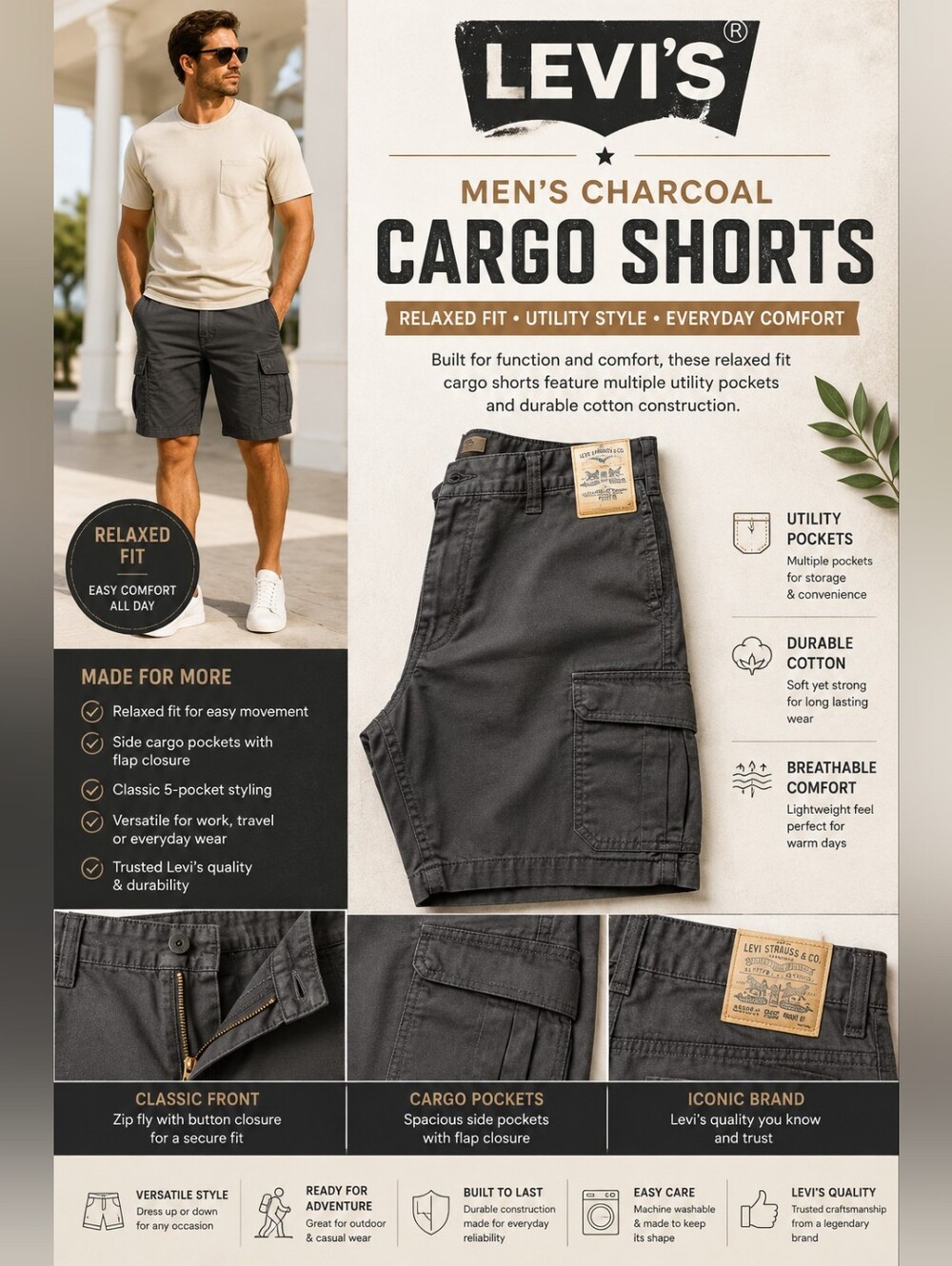 Levi’s Men’s Charcoal Cargo Shorts Relaxed Fit Utility Pocket Shorts